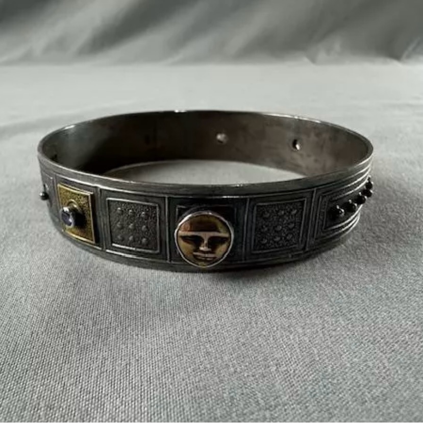Tabra Sterling Silver Bangle Bracelet Gold Goddess Face W/ Blue Toned Jewels